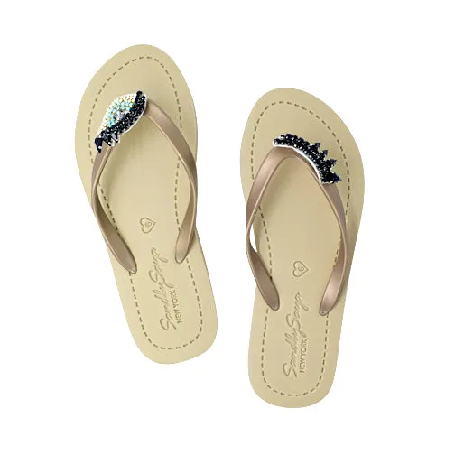 Eyes - Black and Blue Rhine Stone Embellished Women's Flat Flip Flops Sandal