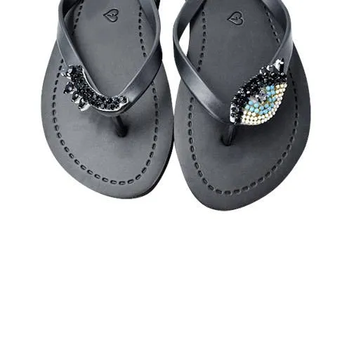 Eyes - Black and Blue Rhine Stone Embellished Women's Flat Flip Flops Sandal